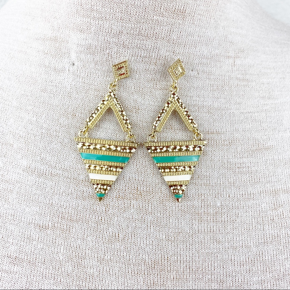 💕 Gold Teal striped White Triangle  Geometric Drop Dangle Post Earrings